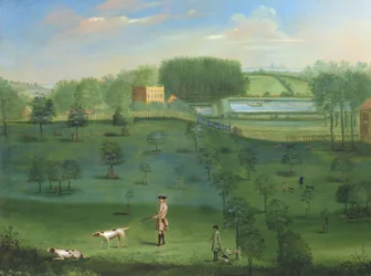Scène de maison de campagne avec des cerfs et un arboretum